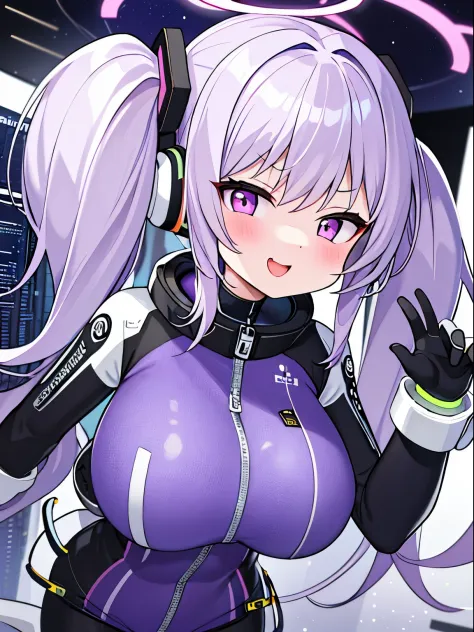 very detailed、masterpiece、high quality、one high school girl、12 years old、Loli、(black and white space suit、accent)、front zipper、(Futuristic, Tight Fit Bodysuit)、headphone、Cyberpunk space station interior background、(colorful purple hair),ロングtwin tails, (pin...