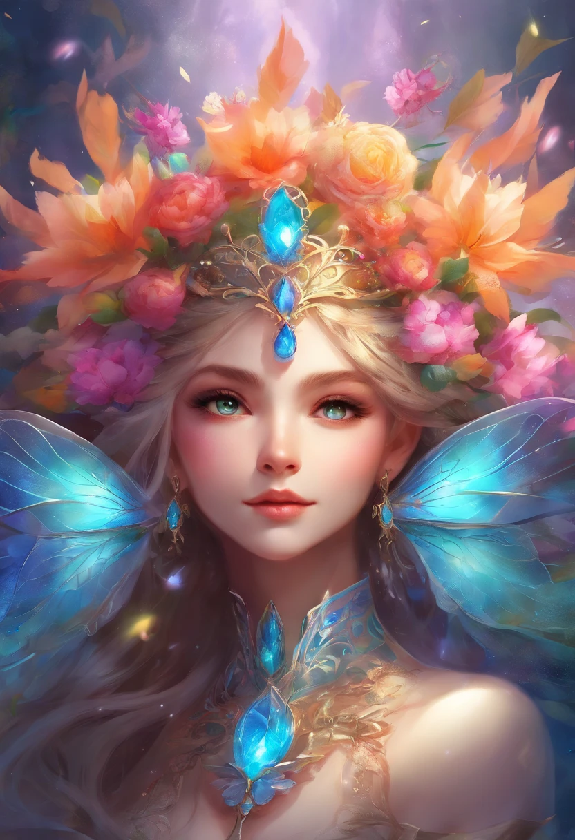 Cute Elf Little Girl Elf Characteristics Transparent Big Wings Pointed Ears Fantasy Art Exquisite Beautiful Luo Fantasy Magical Mist and Air Fantasy Exquisite Science Fiction Plant White Fantasy，Like a beautiful picture，Film Master Artist Works Film Lighting Effects，4K, rich and colorful, contour、Art super detailed、Exquisite and beautiful、masterpiece、Quality content  very detailed、Dynamic angles and elegant atmosphere