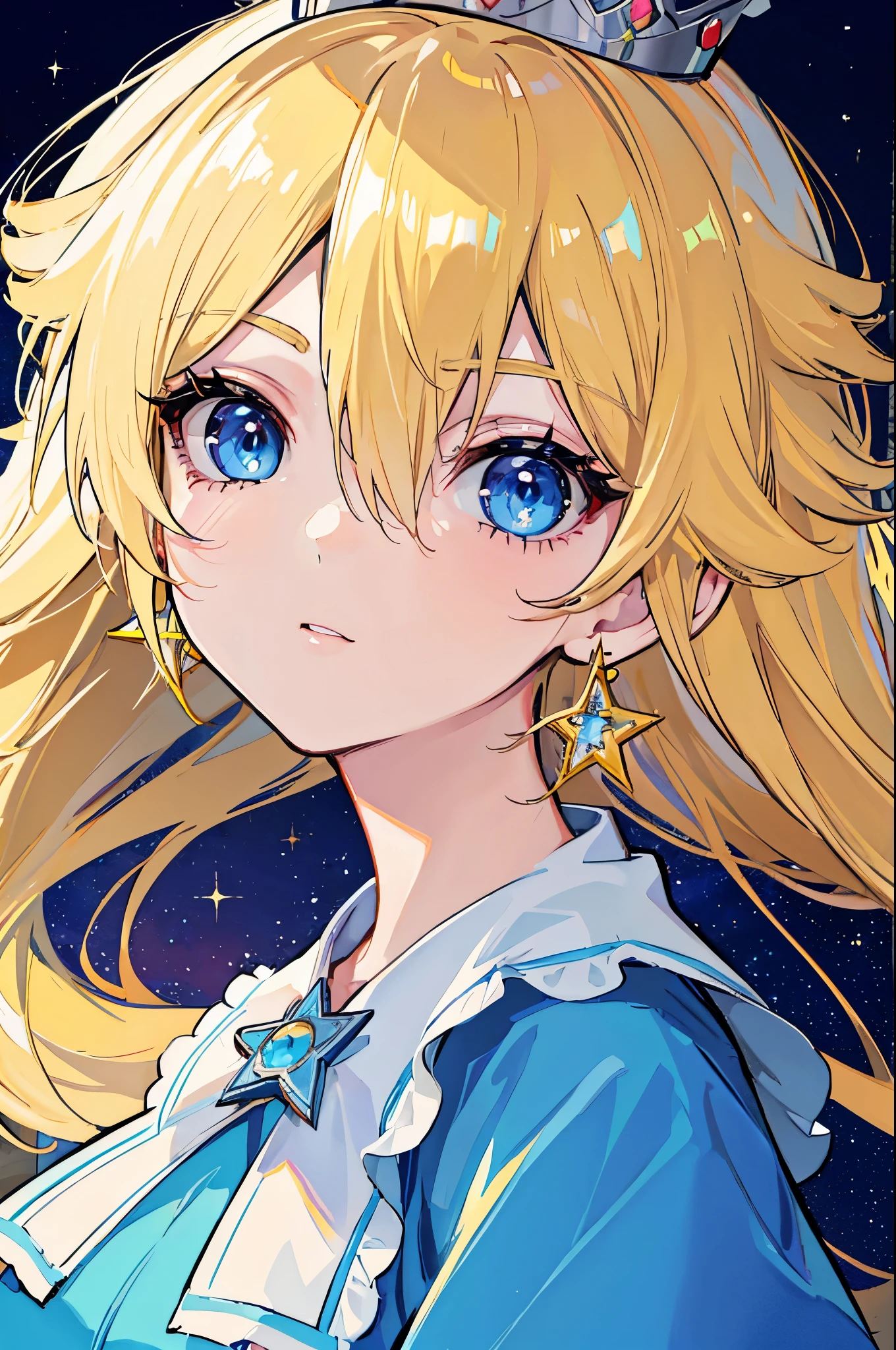 (face portrait),(masterpiece), best quality, expressive eyes, perfect face, highres, 1 girl, solo, rosalina, blonde hair, blue eyes, hair over one eye, long hair, blue dress, crown, dress, earrings, jewelry, princess, robe, bare shoulders, star earrings, space, starry background, glowing particles, good illumination, upper body portrait, looking at the viewer, from frontal
