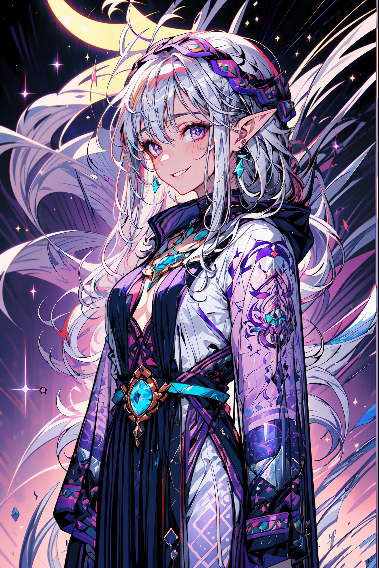 portrait of a dark elf, ((dark skin)), medium length pointy ears, moonlight particals, moonlight aura,(shiny purple eyes:1.2), (silver flowing hair:1.3),light cold smile, cold face, sexy Romanian style costume,( silver jewelry), purple glowing tattoos, mature body,Detailed,Realistic,4k highly detail,by Mappa studios,masterpiece,best quality,official art,illustration,ligne claire,(cool_color),perfect composition,fantasy,focused,rule of third