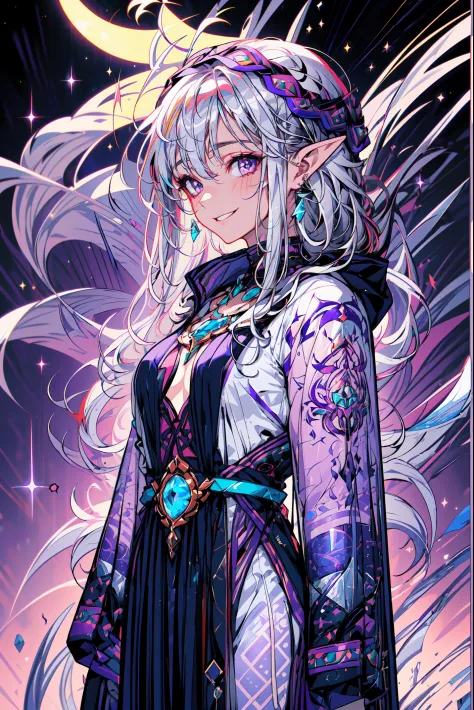 portrait of a dark elf, ((dark skin)), medium length pointy ears, moonlight particals, moonlight aura,(shiny purple eyes:1.2), (...