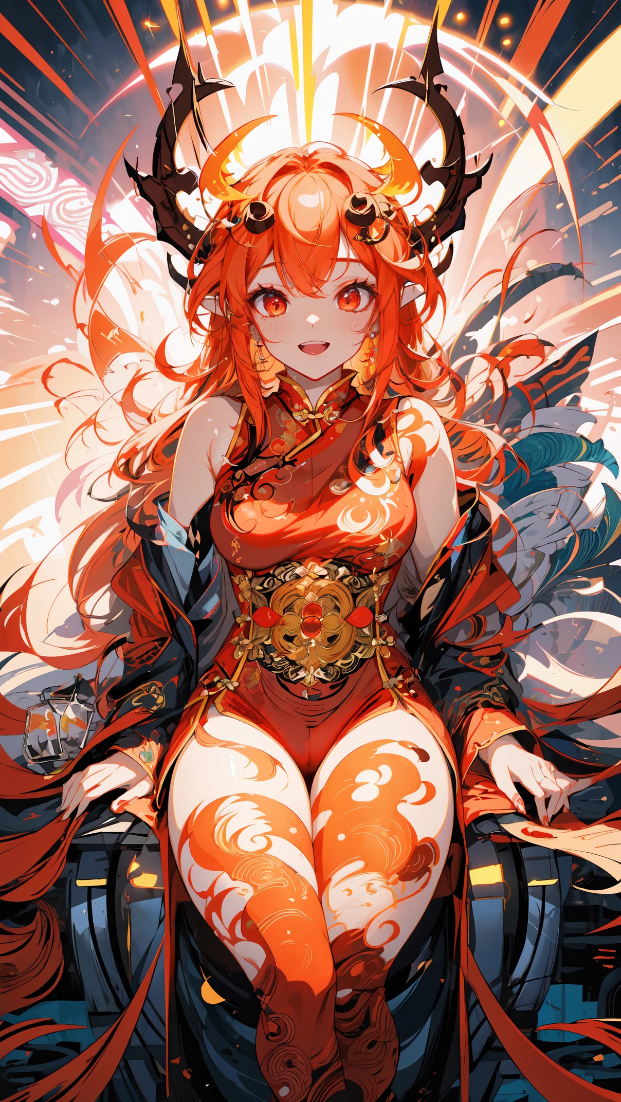 Portrait of a fire elf, red flowing hair, shiny red eyes, orange fie around, flaming theme, burning atmosphere, (detailed sexy Chinese style costume:1.2), red glowing tattoos, orange crystal jewelry, light smile, mature body, colorful ,by Mappa studios,masterpiece,best quality,official art,illustration,ligne claire,(cool_color),perfect composition,absurdres, fantasy,focused,rule of third