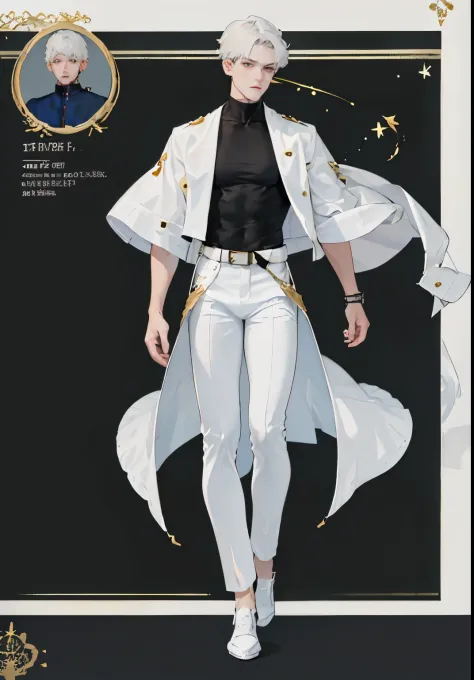 (masterpiece), best quality, expressive eyes, perfect face, fullbody, (CharacterSheet:1), 1boy, man, solo 1 man, white hair, cool look, black pants, white jacket, black bottoms, floating pose, pale look, massive belts, accessoires stars, slim body, Glossy ...