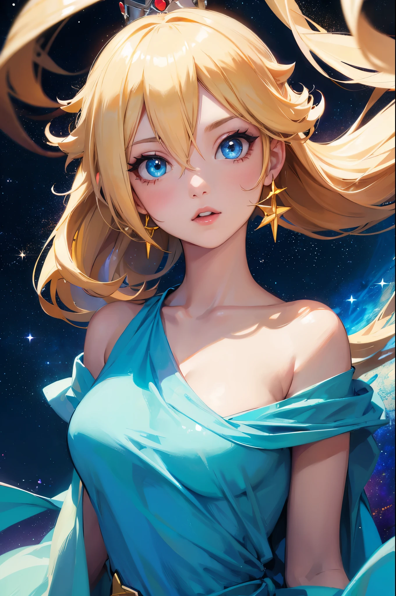 (face portrait),(masterpiece), best quality, expressive eyes, perfect face, highres, 1 girl, solo, rosalina, blonde hair, blue eyes, hair over one eye, long hair, blue dress, crown, dress, earrings, jewelry, princess, robe, bare shoulders, star earrings, space, starry background, glowing particles, good illumination, upper body portrait, looking at the viewer, from frontal
