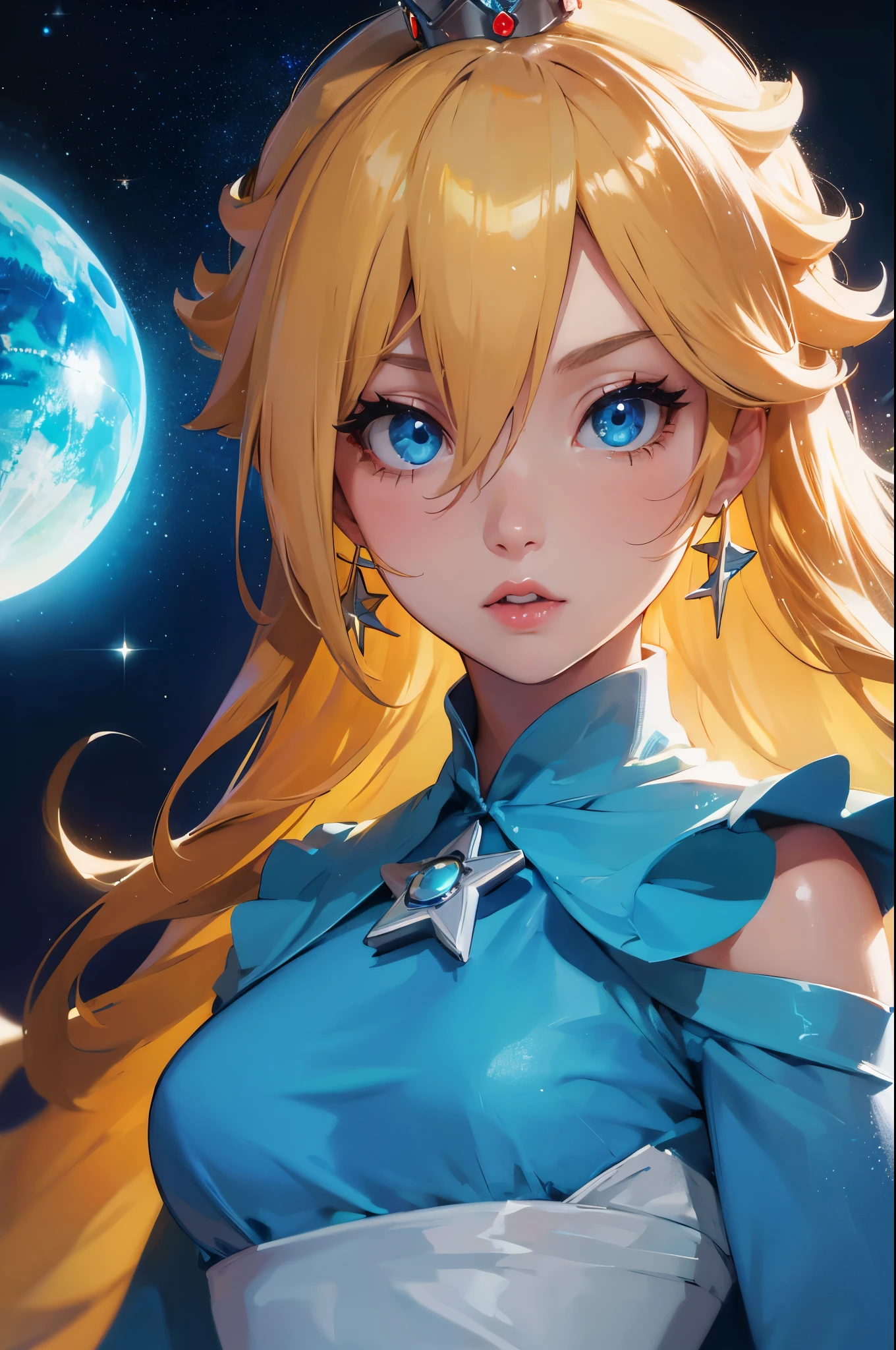 (face portrait),(masterpiece), best quality, expressive eyes, perfect face, highres, 1 girl, solo, rosalina, blonde hair, blue eyes, hair over one eye, long hair, blue dress, crown, dress, earrings, jewelry, princess, robe, bare shoulders, star earrings, space, starry background, glowing particles, good illumination, upper body portrait, looking at the viewer, from frontal
