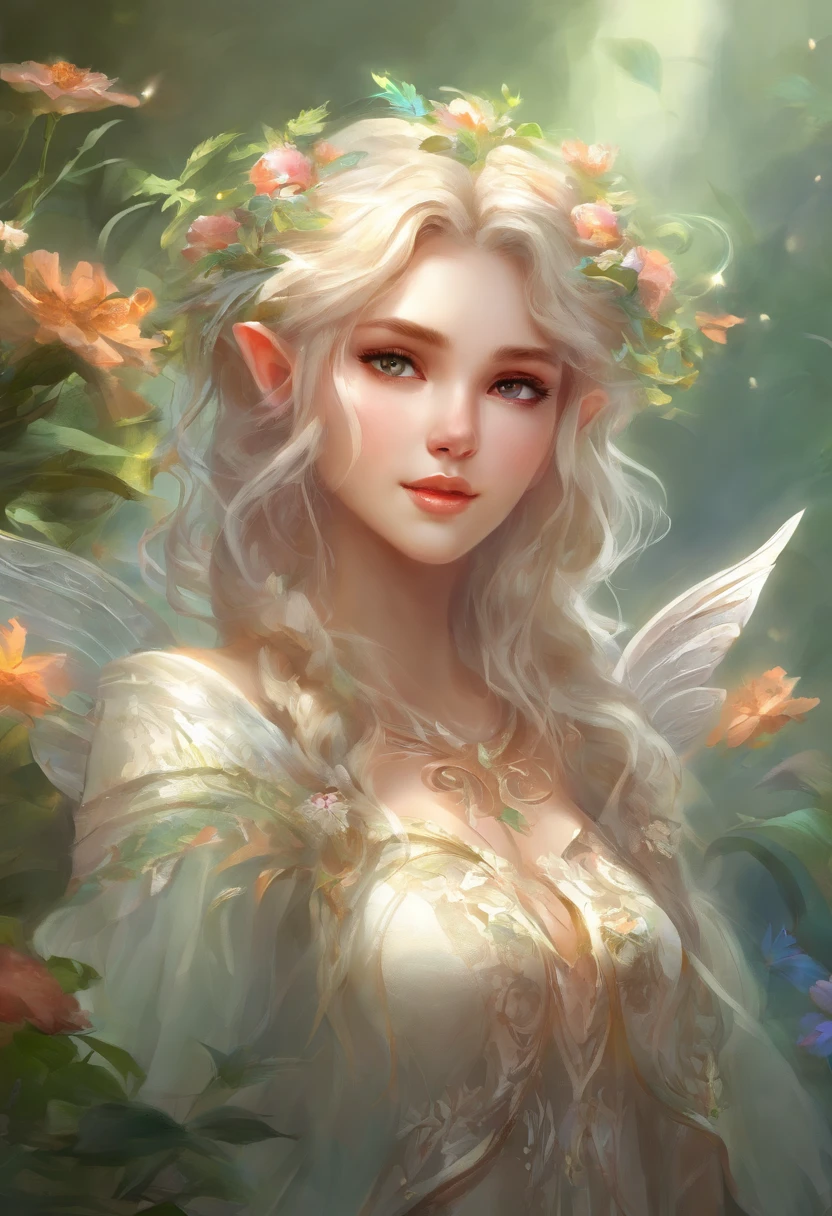 Cute Elf Little Girl Elf Characteristics Transparent Big Wings Pointed Ears Fantasy Art Exquisite Beautiful Luo Fantasy Magical Mist and Air Fantasy Exquisite Science Fiction Plant White Fantasy，Like a beautiful picture，Film Master Artist Works Film Lighting Effects，4K, rich and colorful, contour、Art super detailed、Exquisite and beautiful、masterpiece、Quality content  very detailed、Dynamic angles and elegant atmosphere