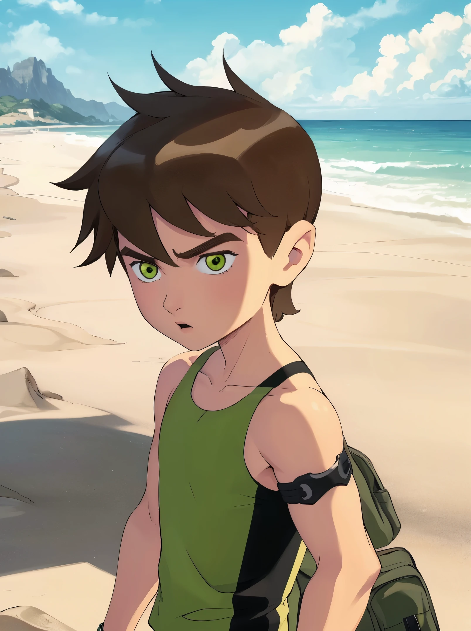 Highres, Masterpiece, Best quality at best,Best Quality, 1boy, bentennyson, green eyes, cargo pants, Tank top, Seen from the side, Close-up shoulder, the day, summer