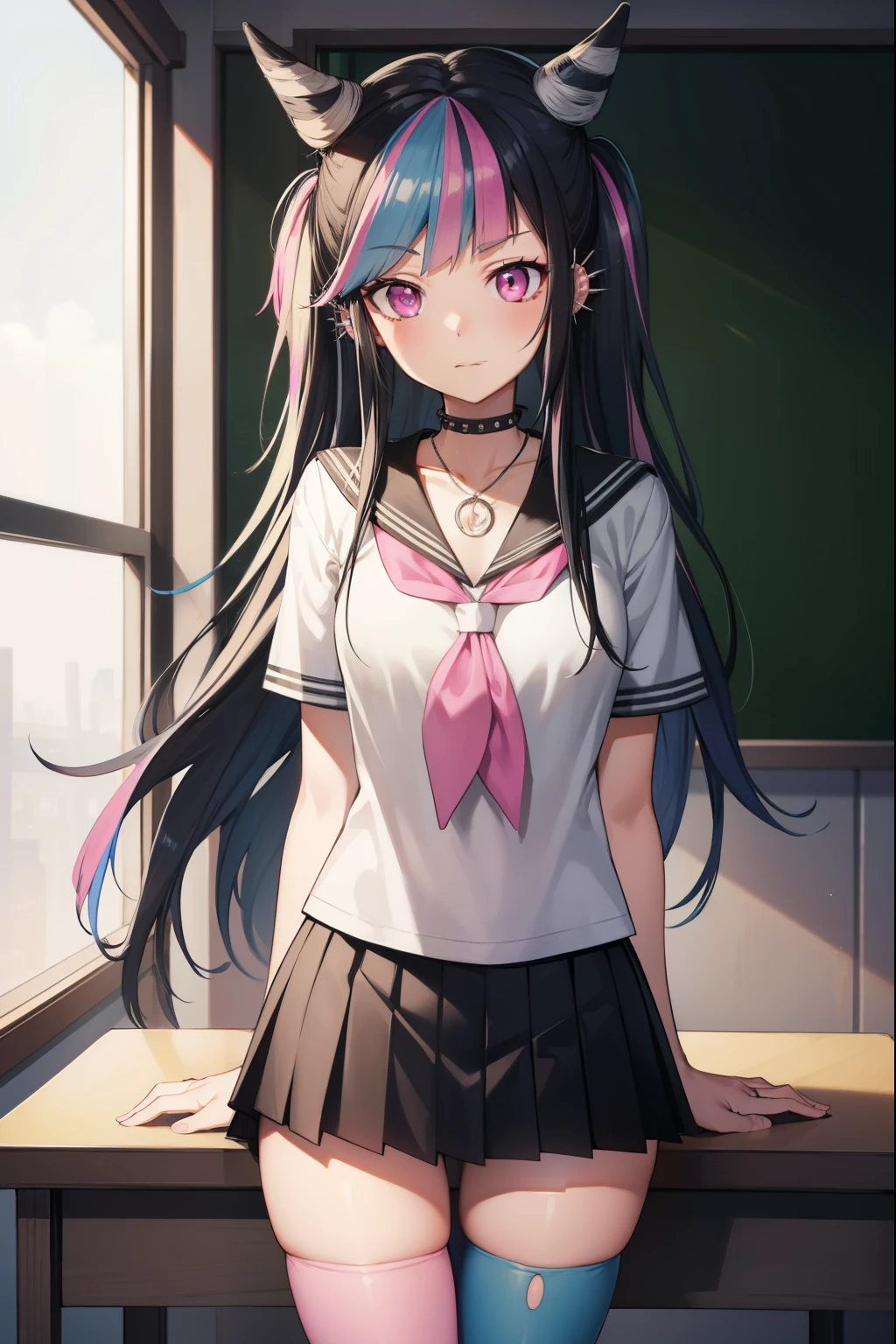 ibukimioda, ibuki mioda, black hair, blue hair, hair horns, ear piercing, lip piercing, long hair, multicolored hair, (pink eyes:1.5), pink hair, white hair,
BREAK asymmetrical legwear, black skirt, blue thighhighs, jewelry, mismatched legwear, neckerchief, necklace, piercing, pleated skirt, ring, school uniform, serafuku, shirt, skirt, thighhighs, torn clothes, torn thighhighs, zettai ryouiki,
BREAK looking at viewer,
BREAK indoors, classroom,
BREAK (masterpiece:1.2), best quality, high resolution, unity 8k wallpaper, (illustration:0.8), (beautiful detailed eyes:1.6), extremely detailed face, perfect lighting, extremely detailed CG, (perfect hands, perfect anatomy),