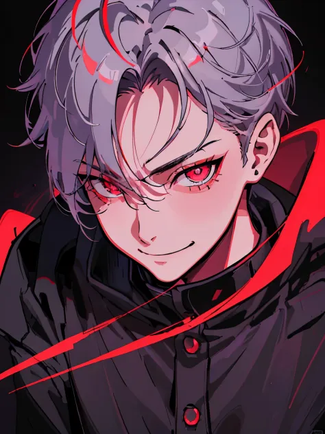 boy with fever, attractive face, red eyes, cheveux gris courts, eyelash, dark style, mystery, evil character, grim, vector style...