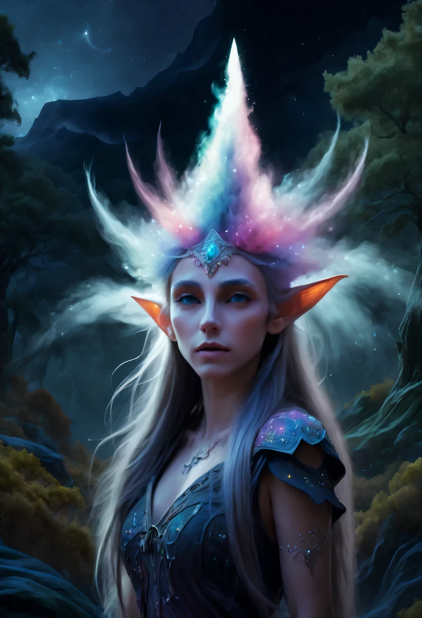 hyper detailed masterpiece, Dynamic, good quality,Liquor_dark，Elf portrait made of colorful stars，(Pointy-eared elves:1.5)，flowing skirt，cigarette hair，jungle，firefly，unrealistic，The tree of life blooms with endless vitality，Twinkling stars in the night sky，Overlapping clouds and fog，Whimsical fantasy landscape art, Beautiful Art Ultra HD 8K, 8K highly detailed digital art, Beautiful and detailed fantasy, epic fantasy landscape, Mysterious and dreamy scenery, Magic fantasy very detailed, magical scenery, Made up of big snowflakes and dreamy floating fairy islands, Detailed fantasy digital art, 8K detailed digital art