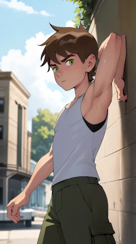 Highres, Masterpiece, Best quality at best,Best Quality, 1boy, bentennyson, green eyes, cargo pants, Tank top, Seen from the sid...