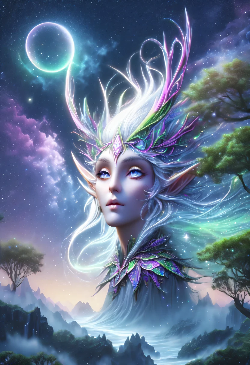 hyper detailed masterpiece, Dynamic, good quality,Liquor_dark，Elf portrait made of colorful stars，(Pointy-eared elves:1.5)，flowing skirt，cigarette hair，jungle，firefly，unrealistic，The tree of life blooms with endless vitality，Twinkling stars in the night sky，Overlapping clouds and fog，Whimsical fantasy landscape art, Beautiful Art Ultra HD 8K, 8K highly detailed digital art, Beautiful and detailed fantasy, epic fantasy landscape, Mysterious and dreamy scenery, Magic fantasy very detailed, magical scenery, Made up of big snowflakes and dreamy floating fairy islands, Detailed fantasy digital art, 8K detailed digital art