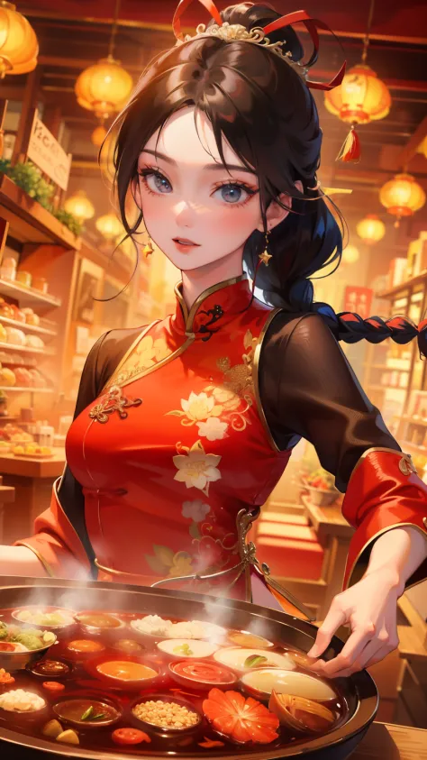 girl，hot pot，Beautifully facial featureeautifully，（There  lotus embroidery on the clothes：1.4），（China red：1.4），Lively street sta...