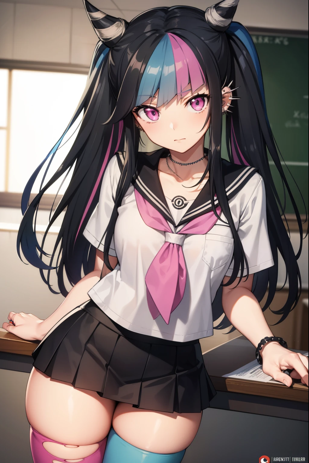 ibukimioda, ibuki mioda, black hair, blue hair, hair horns, ear piercing, lip piercing, long hair, multicolored hair, (pink eyes:1.5), pink hair, white hair,
BREAK asymmetrical legwear, black skirt, blue thighhighs, jewelry, mismatched legwear, neckerchief, necklace, piercing, pleated skirt, ring, school uniform, serafuku, shirt, skirt, thighhighs, torn clothes, torn thighhighs, zettai ryouiki,
BREAK looking at viewer,
BREAK indoors, classroom,
BREAK (masterpiece:1.2), best quality, high resolution, unity 8k wallpaper, (illustration:0.8), (beautiful detailed eyes:1.6), extremely detailed face, perfect lighting, extremely detailed CG, (perfect hands, perfect anatomy),