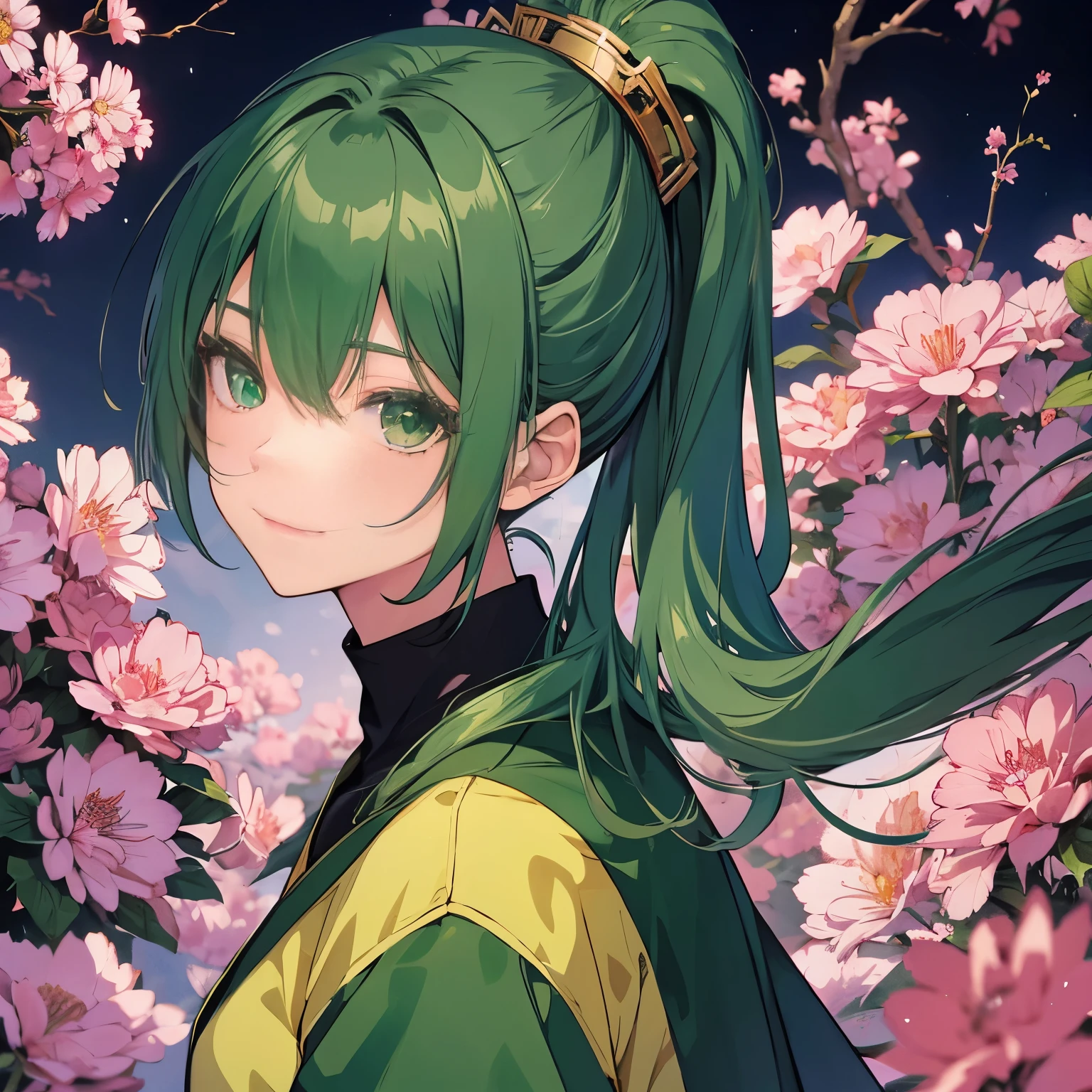 Beautiful anime style, Second dimension beautiful boy，beautiful boy，supreme masterpiece，Long dark green hair，high ponytail，Emerald green eyes，Ultra HD quality，perfect face