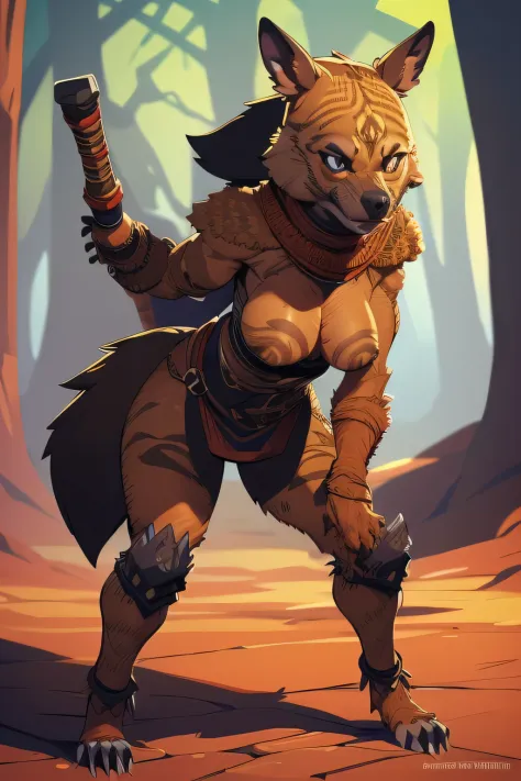 16k, HD, Professional, Highly Detailed, ((Masterpiece: 0.3)), (((High Quality))), Ultra-detailed face, Highly Detailed Lips, Detailed Eyes, (full body), 1 gnoll female, digitigrade legs, furry, muzzle, leather armor,