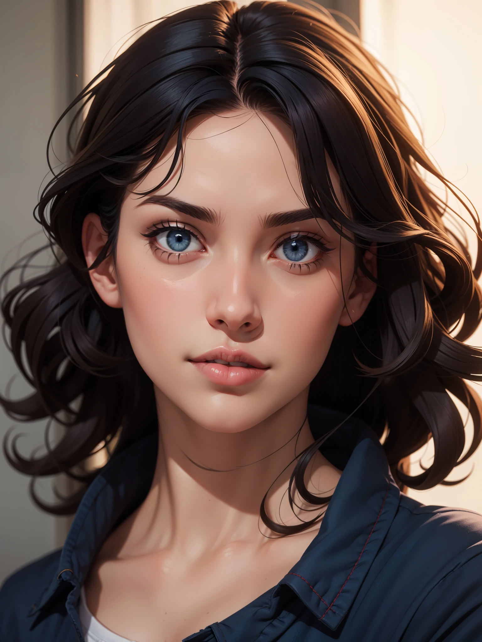  beautiful posing model, curly dark hair, dark blue eyes --ar 16:9 -