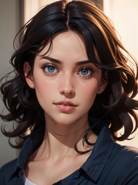 beautiful posing model, curly dark hair, dark blue eyes --ar 16:9 -