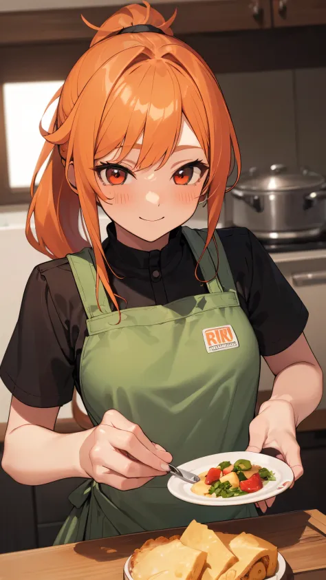 1 girl、solo、kitchenで料理をしている、plate of delicious food、apron、ponytail、orange hair、round red eyes、blushing cheeks、smile、((kitchen))、...