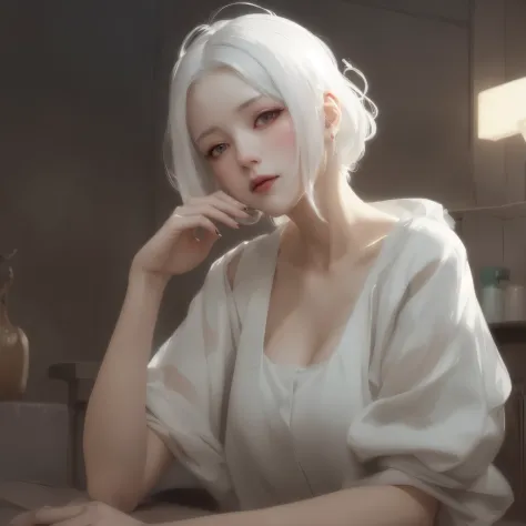 Drawing of a woman with white hair and white dress, guweiz style artwork, guweiz, the style of Wallop, Gurwitz Masterpiece, by Y...