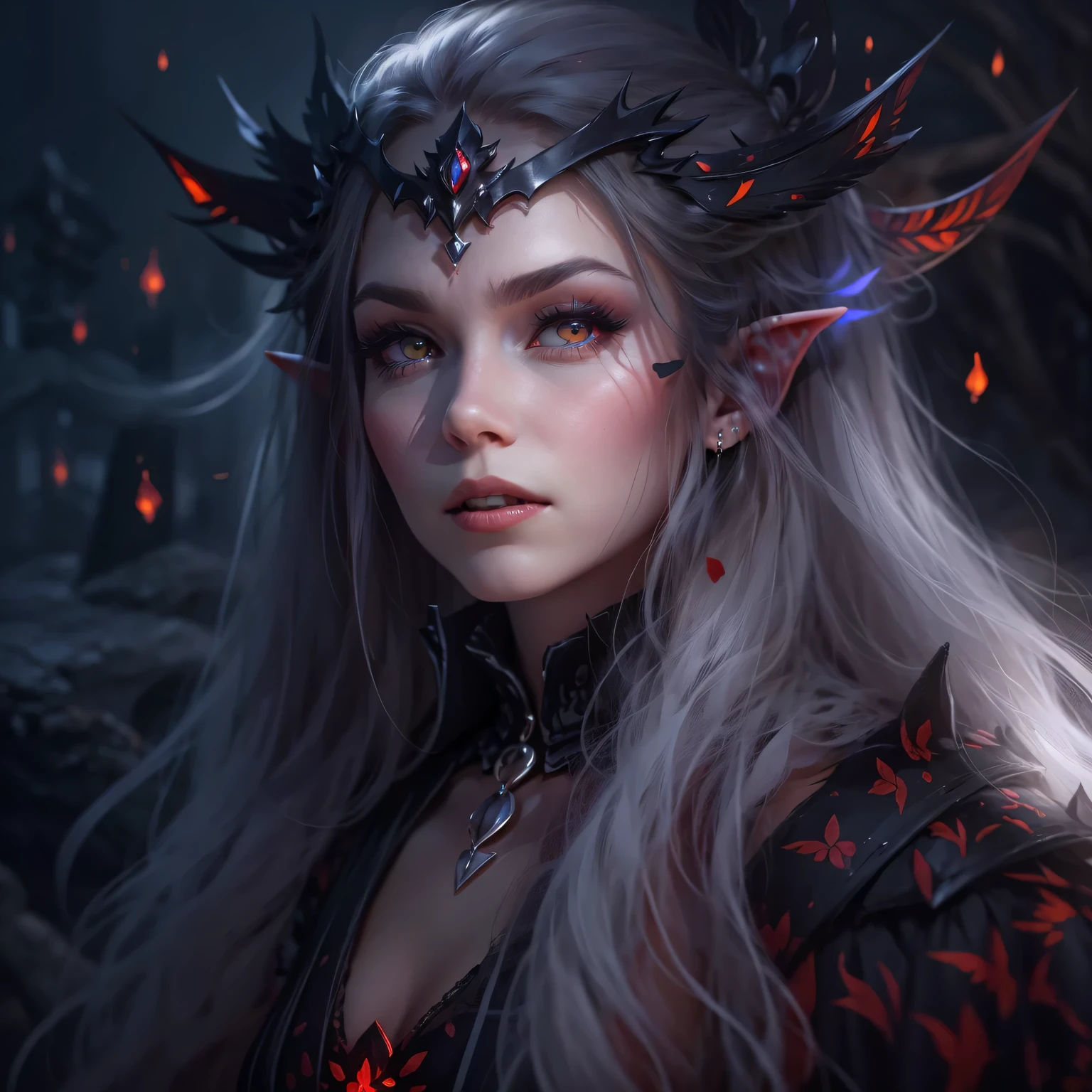 Mysterious elf vampire，portrait，She has long flowing hair，Sharp red eyes，pale skin，（elf ears），（Showing long fangs），Wear noble clothing and jewelry，Tough yet elegant，in this piece（Dark and Gothic）in art。（best quality，high resolution，masterpiece：1.2），（Super fine，clear focus），（lifelike，Photo lifelike：1.37），（bright colors，deep shadow），（With hints of crimson and deep purple），Illuminated by moonlight，Ancient site background，Bringing out the ethereal beauty and haunting atmosphere of this scene。