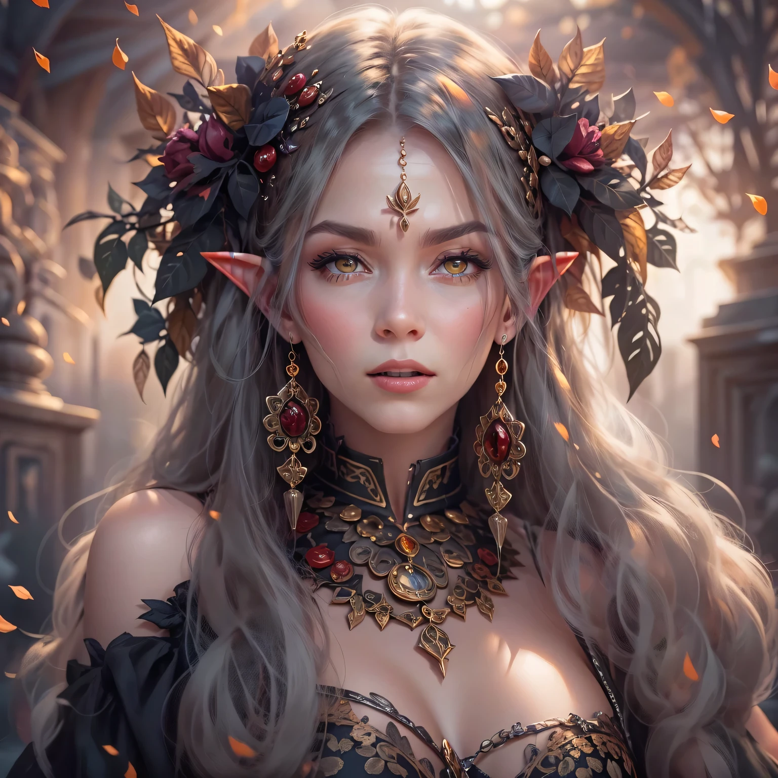 A mysterious elven vampire，portrait，She has long flowing hair，Sharp red eyes，pale skin，（elf ears），（Showing long fangs），Wear noble clothing and jewelry，Tough and Grace，in this piece（Dark and Gothic）in art。（With hints of crimson and deep purple），Illuminated by moonlight，Ancient site background，Bringing out the ethereal beauty and haunting atmosphere of this scene。masterpiece, best quality, (High-detail CG unified 8K wallpaper) (best quality), (Best Illustration), (best shadow) nature，Sky, cloud, Delicate leaf petals fall in the air，track, super detailed，ultra high resolution, Surrealism, HD, golden ratio，（royal），（enchanted forest），（peaceful），（Peace），（mystery），（grace），（charming），