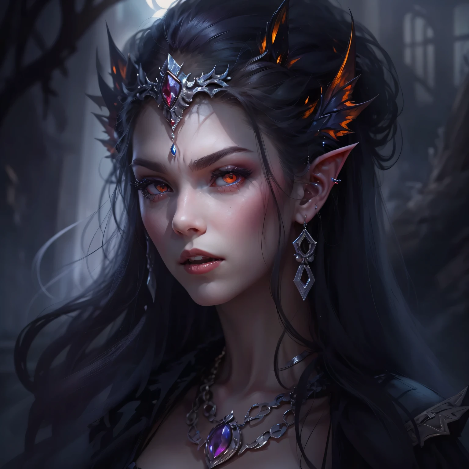 Mysterious elf vampire，portrait，She has long flowing hair，Sharp red eyes，pale skin，（elf ears），（Showing long fangs），Wear noble clothing and jewelry，Tough yet elegant，in this piece（Dark and Gothic）in art。（best quality，high resolution，masterpiece：1.2），（Super fine，clear focus），（lifelike，照片lifelike度：1.37），（bright colors，deep shadow），（With hints of crimson and deep purple），Illuminated by moonlight，Ancient site background，Bringing out the ethereal beauty and haunting atmosphere of this scene。