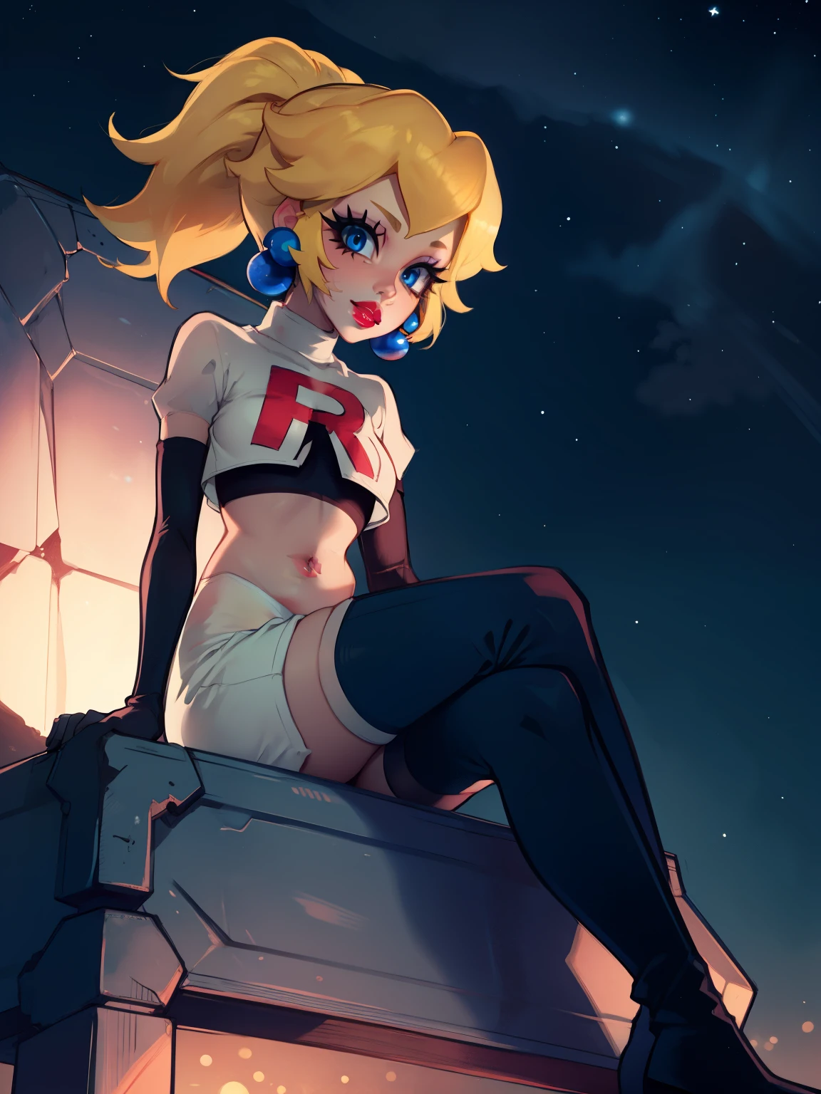 princess_peach, ponytail ,earrings ,red lipstick, blue eye shadow, heavy makeup ,team rocket uniform, red letter R, white skirt,white crop top,black thigh-high boots, black elbow gloves, evil smile, looking down on viewer, sitting down ,legs crossed, night sky background