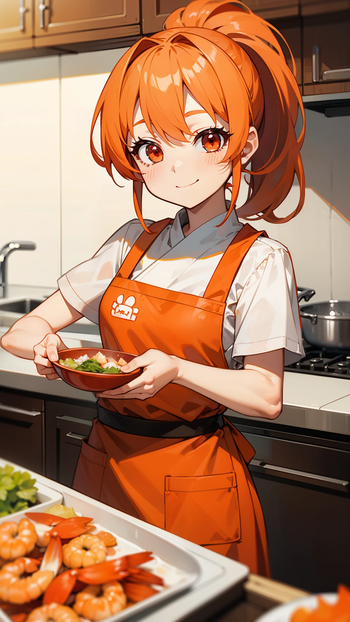 The cute lady shrimp cooks a delicious dish in the kitchen、orange hair、ponytail、round red eyes、apron、smile、smile