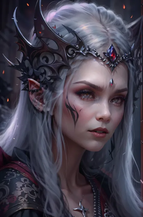 Mysterious elf vampire，portrait，She has long flowing hair，Sharp red eyes，pale skin，（elf ears），（Showing long fangs），Wear noble cl...