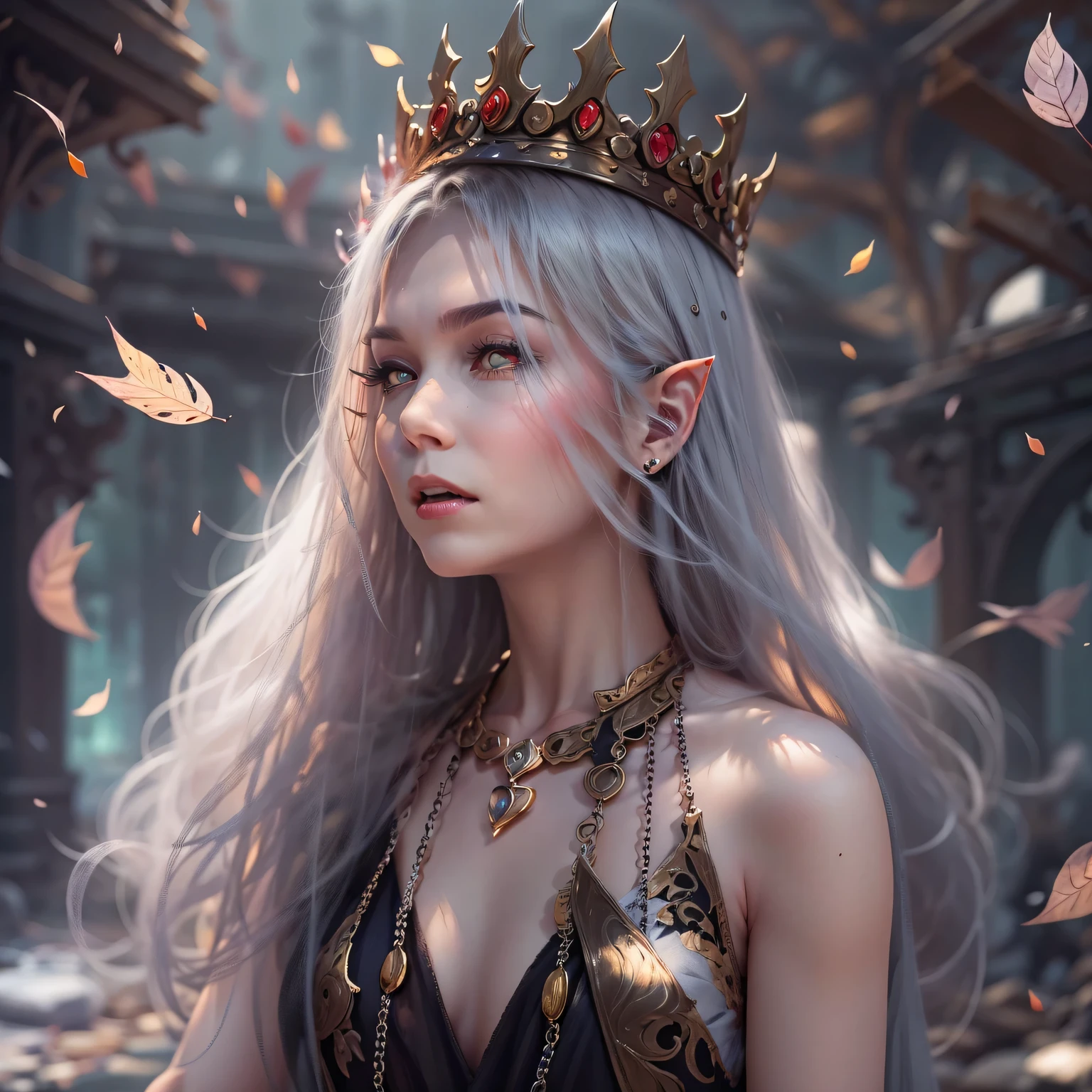 一个mystery的精灵族吸血鬼女王，portrait，She has long flowing hair，Sharp red eyes，pale skin，（elf ears），（Showing long fangs），Wearing noble clothing, jewelry and crown，坚韧而grace，in this piece（Dark and Gothic）in art。（With hints of crimson and deep purple），Illuminated by moonlight，Ancient site background，Bringing out the ethereal beauty and haunting atmosphere of this scene。masterpiece, best quality, (High-detail CG unified 8K wallpaper) (best quality), (Best Illustration), (best shadow) nature，Sky, cloud, Delicate leaf petals fall in the air，track, super detailed，ultra high resolution, Surrealism, HD, golden ratio，（royal），（enchanted forest），（peaceful），（Peace），（mystery），（grace），（charming），
