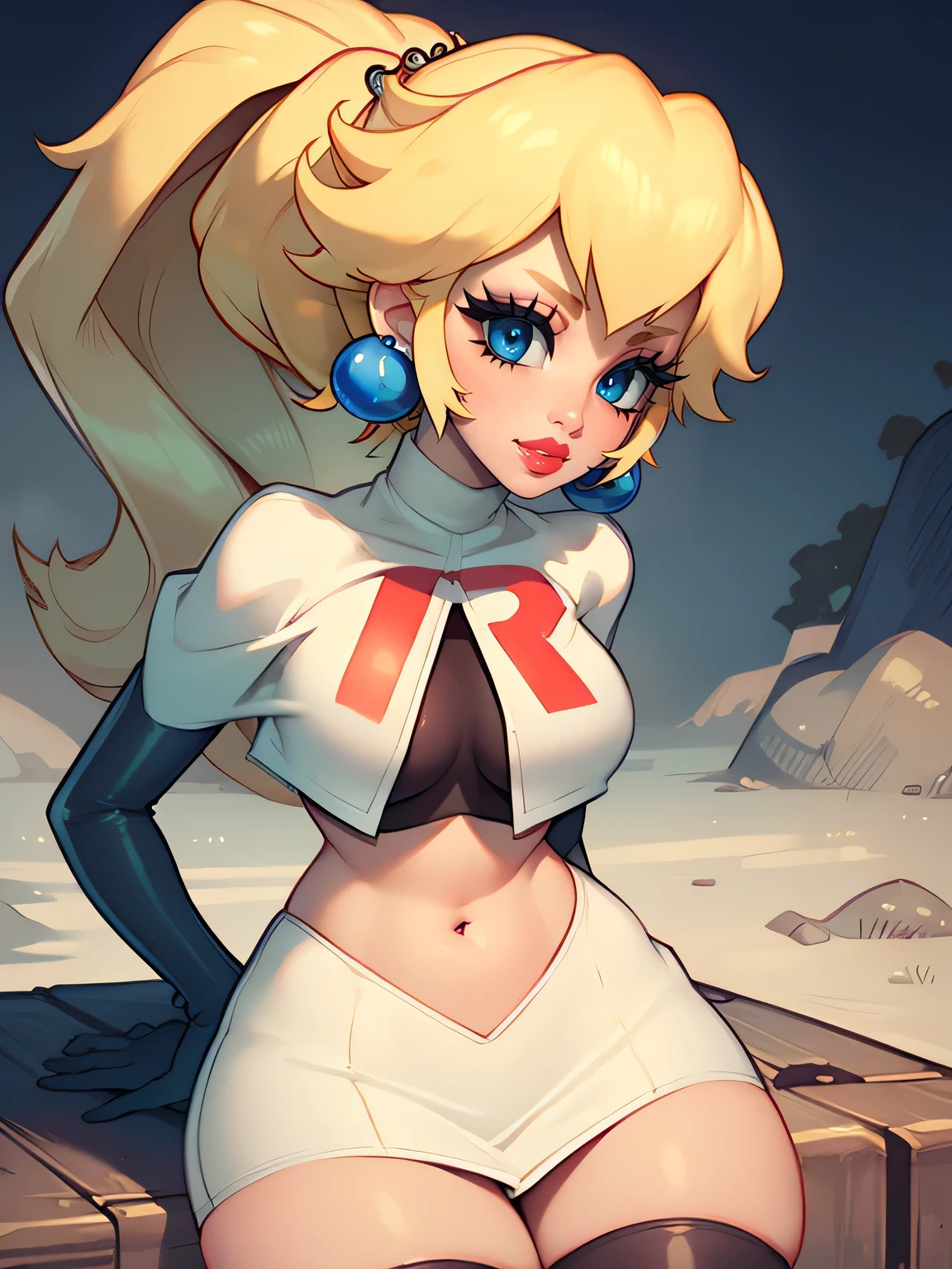 princess_peach, blonde hair ,ponytail ,earrings ,red lipstick, blue eye shadow, heavy makeup ,team rocket uniform, red letter R, white skirt,white crop top,black thigh-high boots, black elbow gloves, evil smile, 