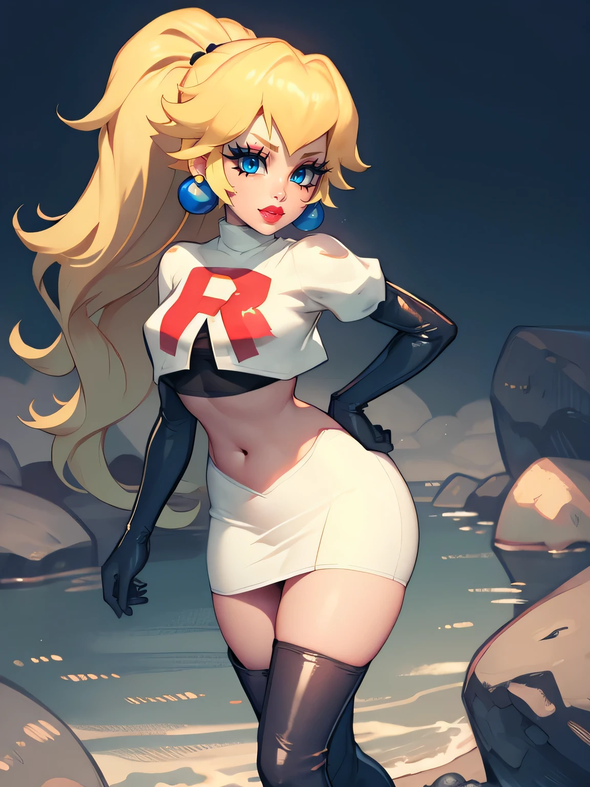 princess_peach, blonde hair ,ponytail ,earrings ,red lipstick, blue eye shadow, heavy makeup ,team rocket uniform, red letter R, white skirt,white crop top,black thigh-high boots, black elbow gloves, evil smile, 