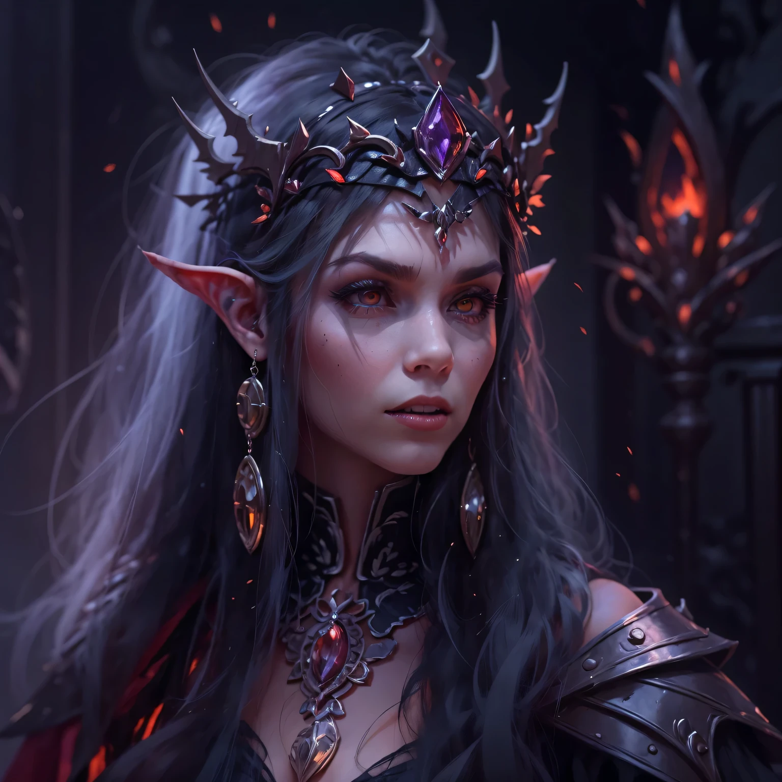 Mysterious Elf Vampire Queen，portrait，She has long flowing hair，Sharp red eyes，elf ears，（Showing long fangs），Wear noble clothes，Jewelry Crown，Tough yet elegant，in this piece（Dark and Gothic）in art。（best quality，high resolution，masterpiece：1.2），（Super fine，clear focus），（lifelike，Photo lifelike：1.37），（bright colors，deep shadow），（With hints of crimson and deep purple），Illuminated by moonlight，Ancient site background，Bringing out the ethereal beauty and haunting atmosphere of this scene。