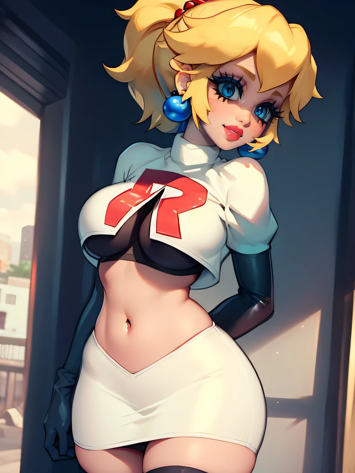 princess_peach, blonde hair ,ponytail ,earrings ,red lipstick, blue eye shadow, heavy makeup ,team rocket uniform, red letter R, white skirt,white crop top,black thigh-high boots, black elbow gloves, evil smile, 