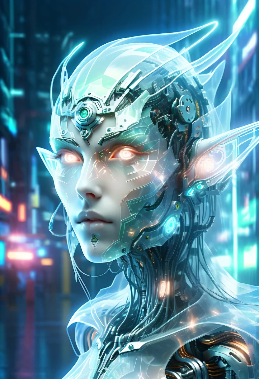 半透明的空灵机械精灵的脸，未来精灵的脸，机械连接技术精灵脸，未来派背景