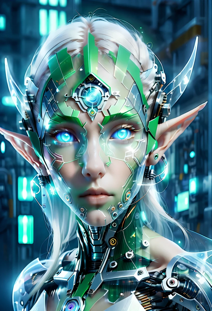 The face of a translucent ethereal mechanical elf，future elf face，Mechanical connection technology elf face，futuristic background