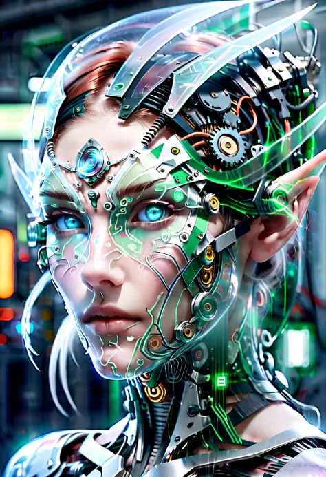 the face of a translucent ethereal mechanical elf，future elf face，mechanical connection technology elf face，futuristic backgroun...