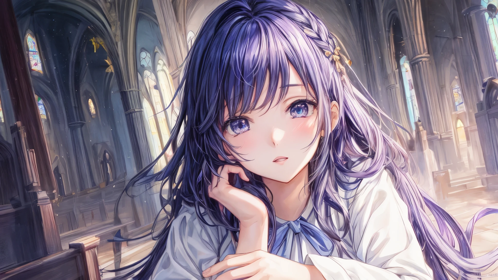 Anime girl with long purple hair sitting in a church - SeaArt AI