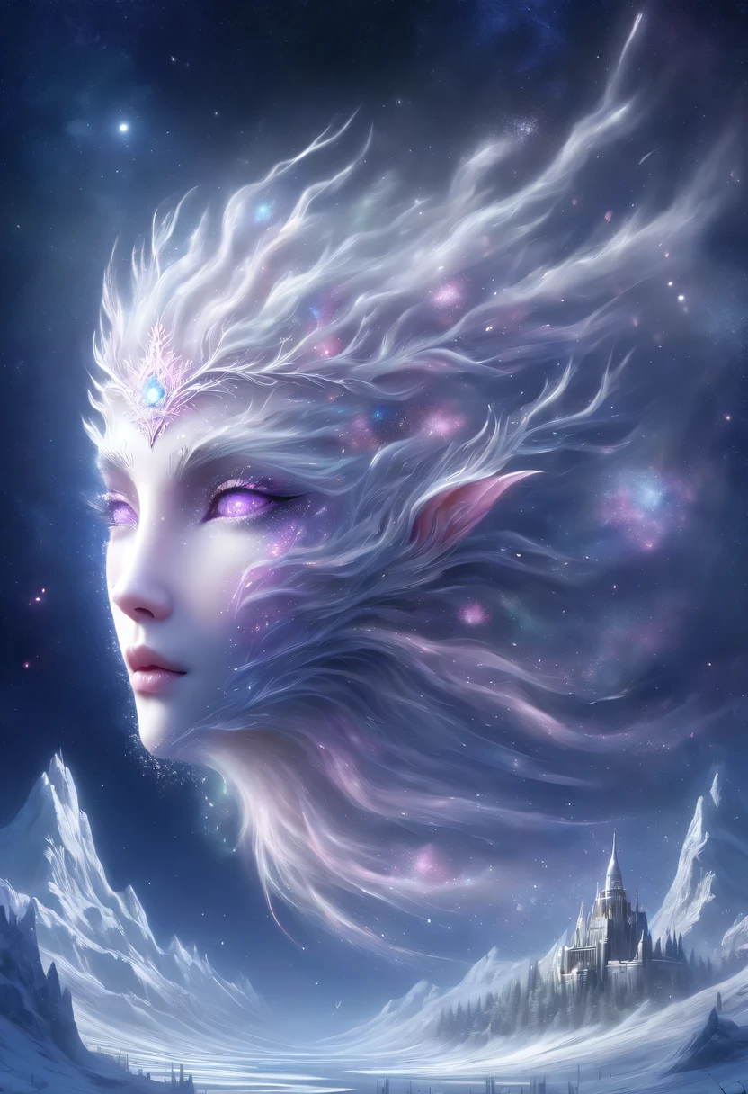 The face of the elf princess floats in the air，Pointed-eared elf exposed multiple times:1.8),Winter scenery，Surreal wonderland，Dream Island in the Sea of Cloudig snowflake:1.3)，五颜六色的big snowflake飞舞着，The palace of the elf princess covered with snow，The tree of life blooms with endless vitality，Twinkling stars in the night sky，Overlapping clouds and fog，Whimsical fantasy landscape art, Beautiful Art Ultra HD 8K, 8K highly detailed digital art, Beautiful and detailed fantasy, epic fantasy landscape, Mysterious and dreamy scenery, Magic fantasy very detailed, magical scenery, 由big snowflake和梦幻漂浮的仙女岛组成, Detailed fantasy digital art, 8K detailed digital art