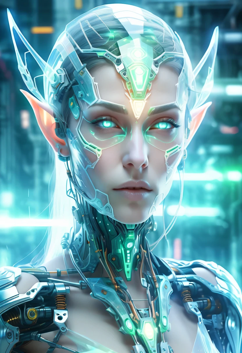 O rosto de um elfo mecânico etéreo translúcido，futuro rosto de elfo，Rosto de elfo de tecnologia de conexão mecânica，fundo futurista
