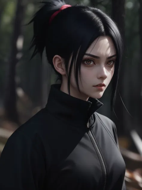 girl with black hair and eyes in dark clothes, ninja, frame from anime "naruto", the eyes are dark, black hair, hair tied up, dy...