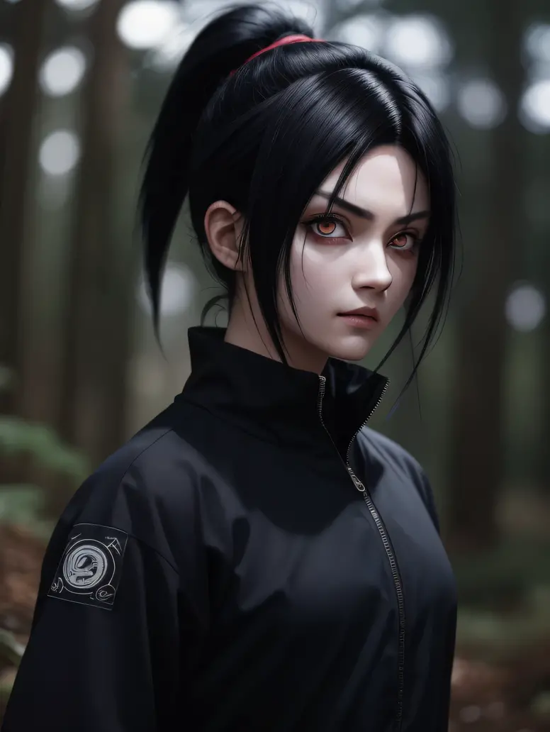 girl with black hair and eyes in dark clothes, ninja, frame from anime "naruto", the eyes are dark, black hair, hair tied up, dy...