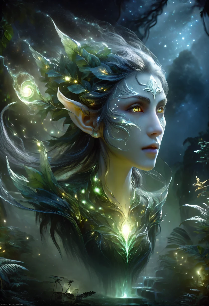 hyper detailed masterpiece, Dynamic, good quality,Floating oversized ethereal female elf portrait DonMW15pXL ，in the jungle，starlight，firefly，dark，Gothic