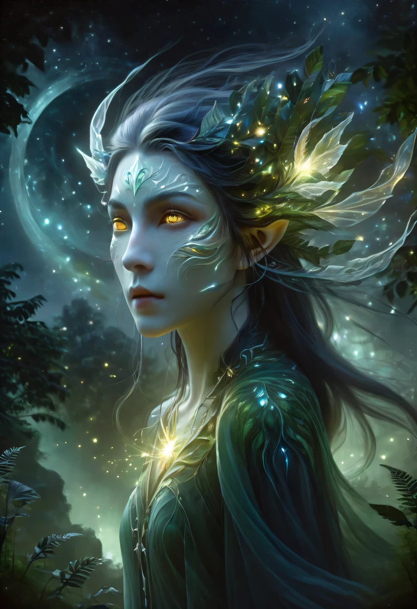 hyper detailed masterpiece, Dynamic, good quality,Floating oversized ethereal female elf portrait DonMW15pXL ，in the jungle，starlight，firefly，dark，Gothic