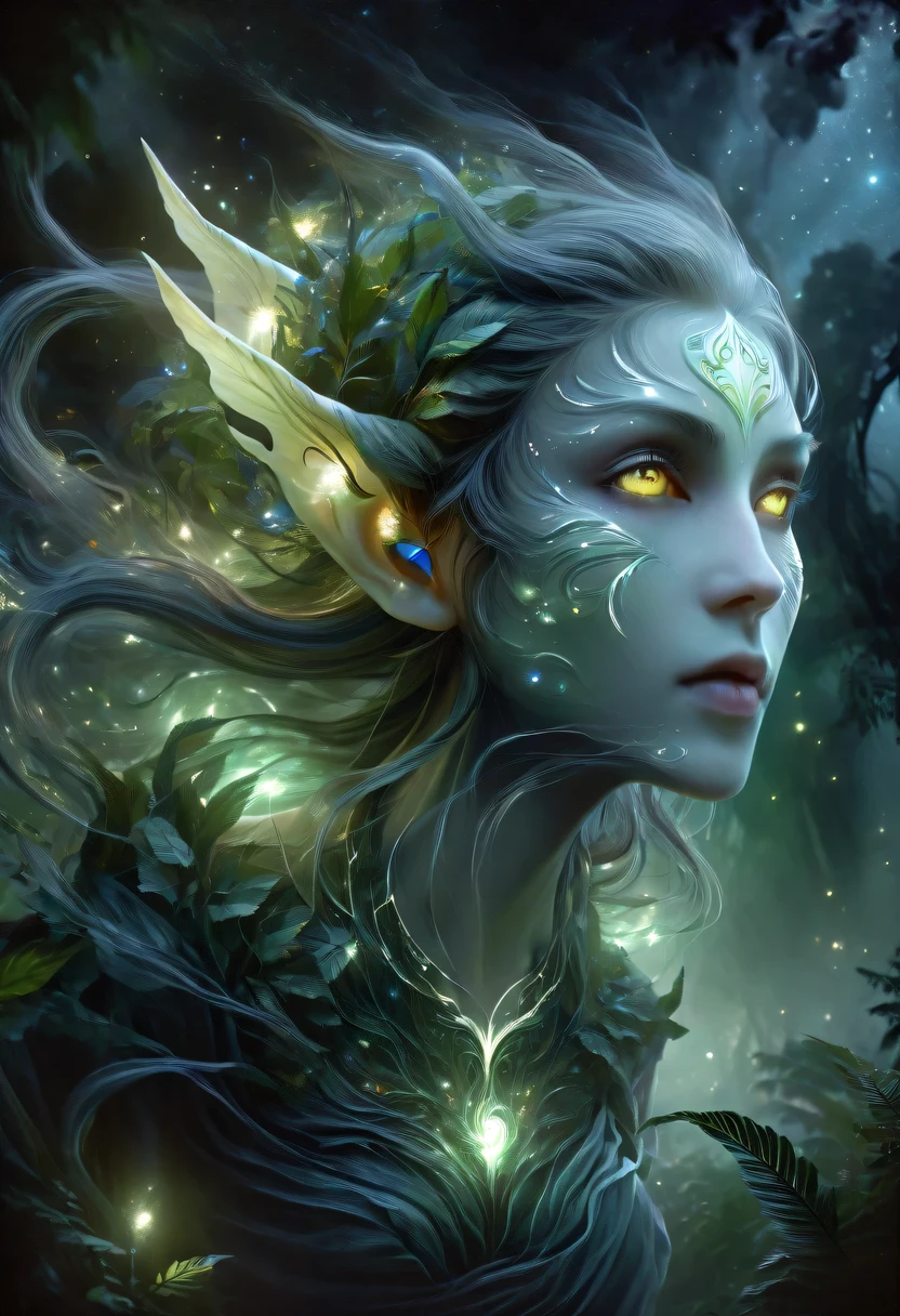 obra maestra hiper detallada, dinámica, Buena calidad,Retrato de elfa femenina etérea de gran tamaño flotante DonMW15pXL ，en la jungla，Luz de las estrellas，Luciérnaga，dark，gótico