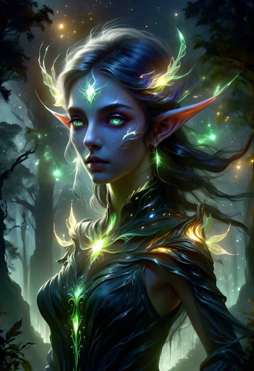 hyper detailed masterpiece, Dynamic, good quality,Floating oversized ethereal female elf portrait DonMW15pXL ，in the jungle，starlight，firefly，dark，Gothic