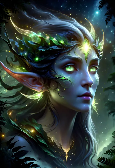 hyper detailed masterpiece, dynamic, good quality,floating oversized ethereal female elf portrait donmw15pxl ，in the jungle，star...