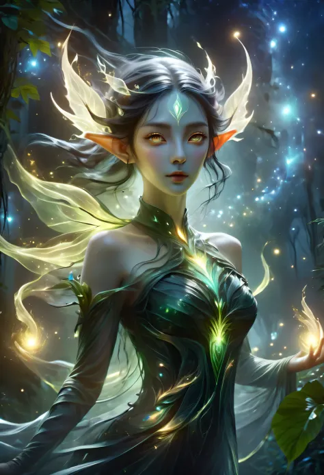 hyper detailed masterpiece, dynamic, good quality,floating oversized ethereal female elf portrait donmw15pxl ，in the jungle，star...