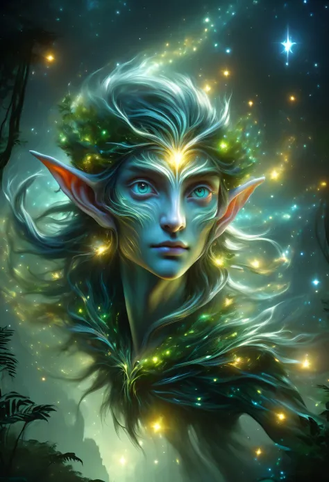 hyper detailed masterpiece, Dynamic, good quality,Floating Elf Portrait DonMW15pXL ，in the jungle，starlight，firefly，